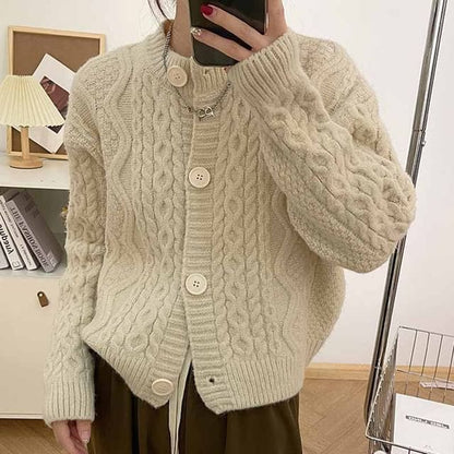 Crewneck Plain Ribbed Oversize Cardigan - White / One Size