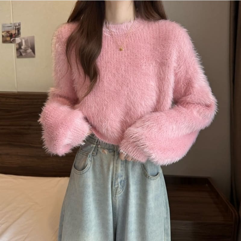 Crewneck Plain Woolen Oversize Cropped Sweater