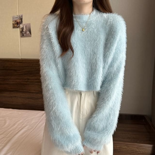 Crewneck Plain Woolen Oversize Cropped Sweater - Light Blue