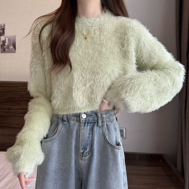 Crewneck Plain Woolen Oversize Cropped Sweater - Pea Green