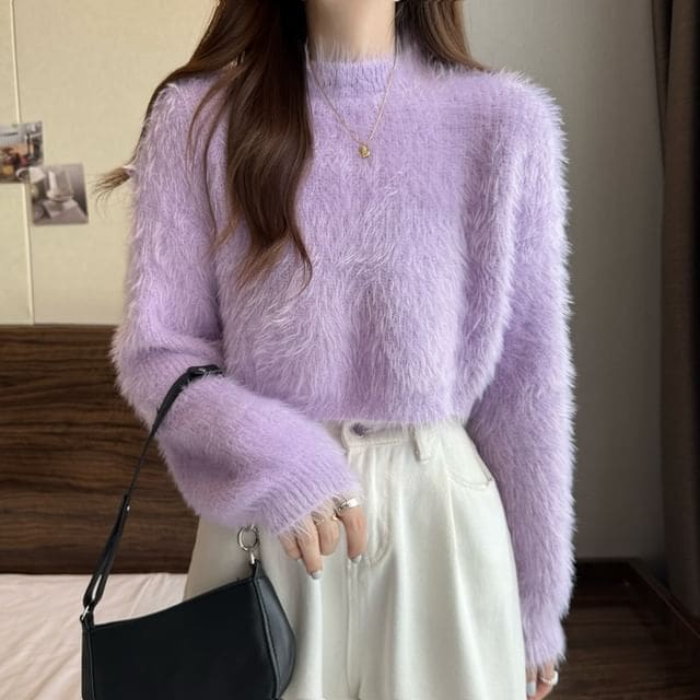 Crewneck Plain Woolen Oversize Cropped Sweater - Purple