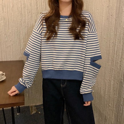 Crewneck Striped Cutout Pullover - Clothing