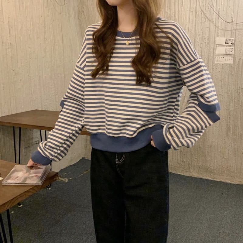 Crewneck Striped Cutout Pullover - Clothing