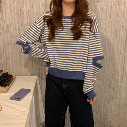 Crewneck Striped Cutout Pullover - Clothing