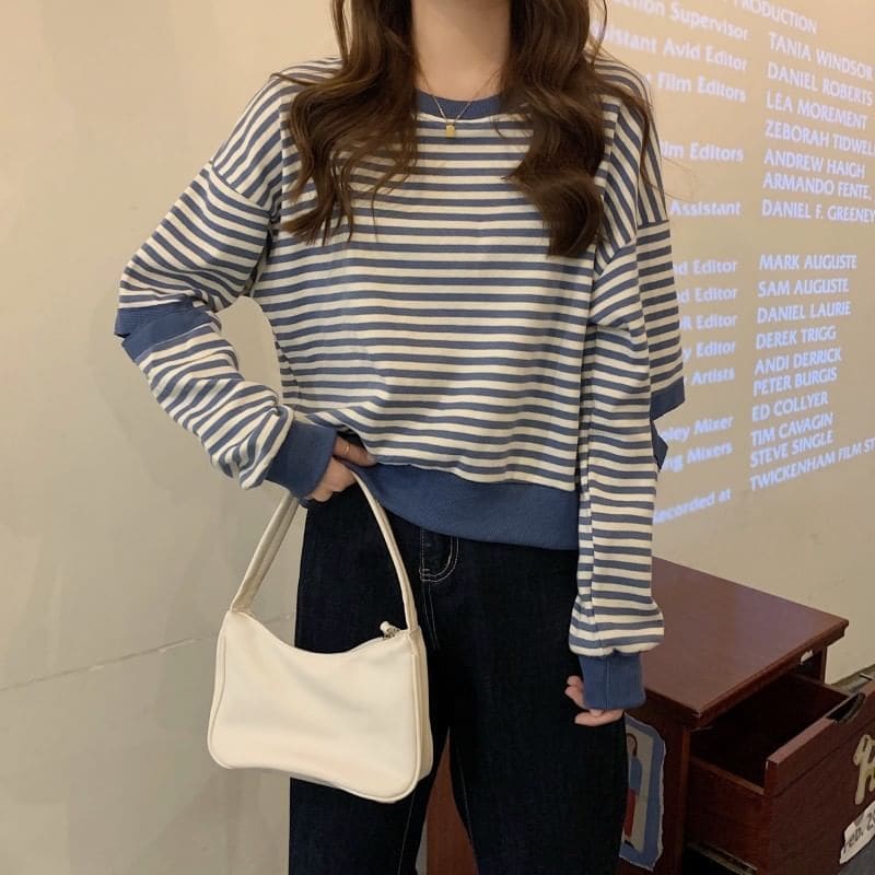 Crewneck Striped Cutout Pullover - Clothing