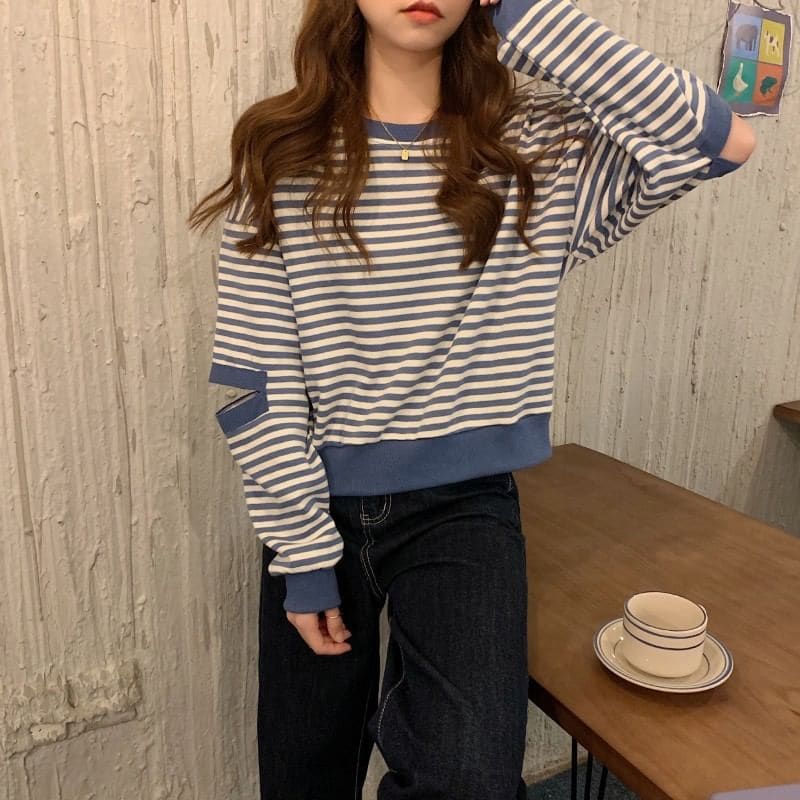 Crewneck Striped Cutout Pullover - Clothing