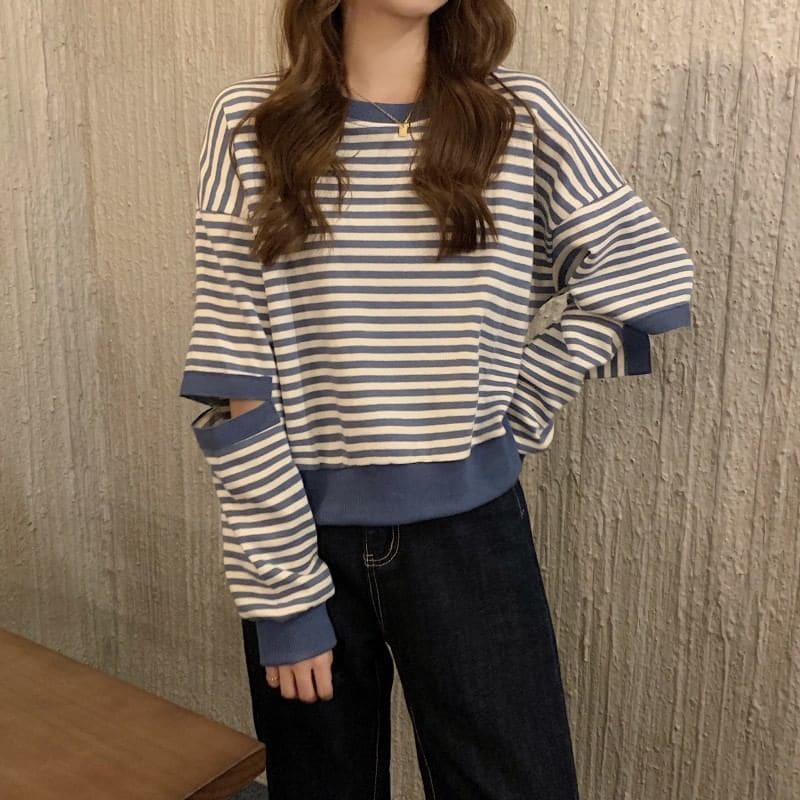 Crewneck Striped Cutout Pullover - Clothing