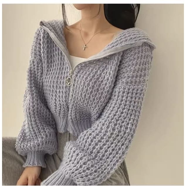 Crochet-Knit Hooded Zipper Cardigan