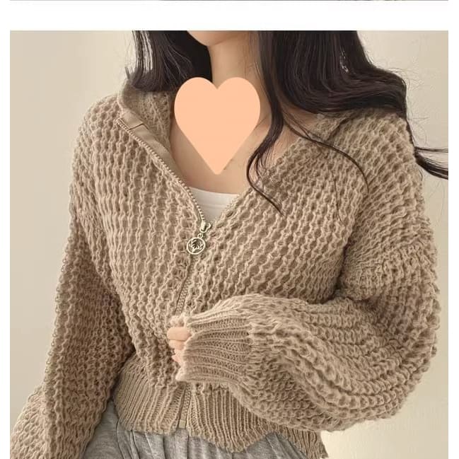 Crochet-Knit Hooded Zipper Cardigan