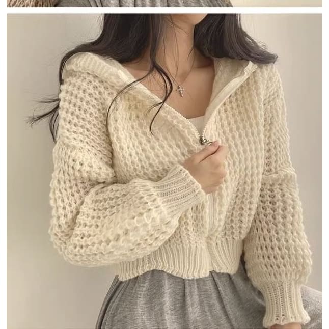 Crochet-Knit Hooded Zipper Cardigan