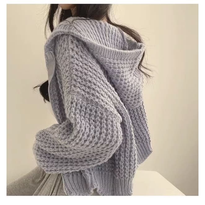 Crochet-Knit Hooded Zipper Cardigan