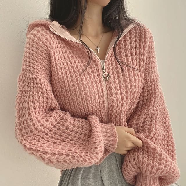 Crochet-Knit Hooded Zipper Cardigan - Pink / One Size