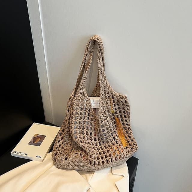 Crochet Plain Tote Bag - Khaki / One Size