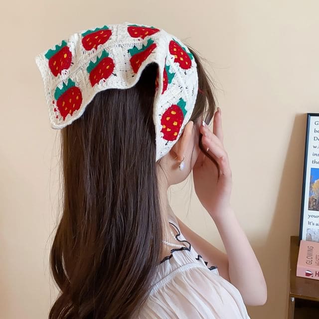 Crochet Strawberry Pattern Headscarf - 02# - Red Printed