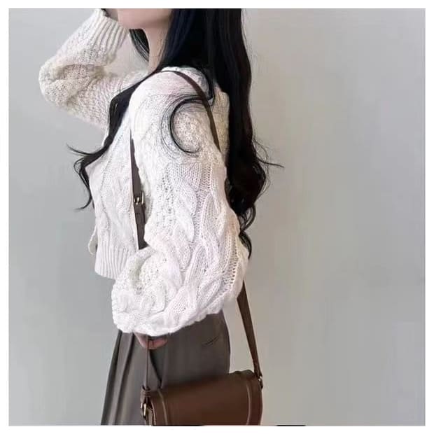 Cropped Cable-Knit V-Neck Cardigan