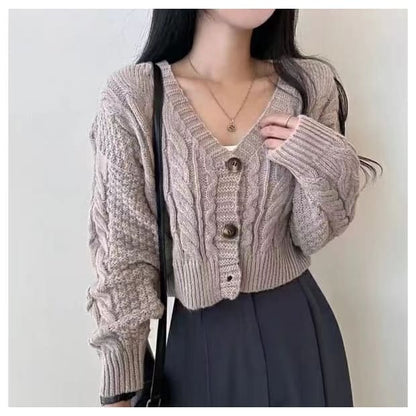 Cropped Cable-Knit V-Neck Cardigan