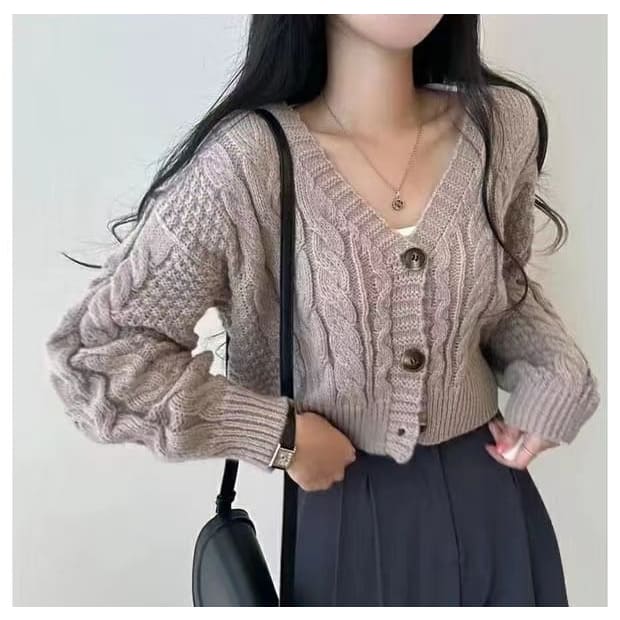 Cropped Cable-Knit V-Neck Cardigan