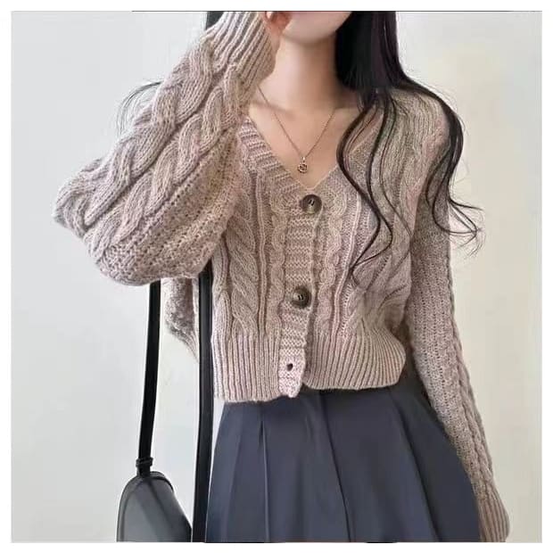 Cropped Cable-Knit V-Neck Cardigan