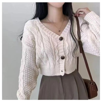 Cropped Cable-Knit V-Neck Cardigan