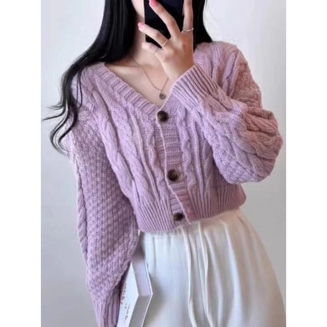 Cropped Cable-Knit V-Neck Cardigan - Purple / One Size