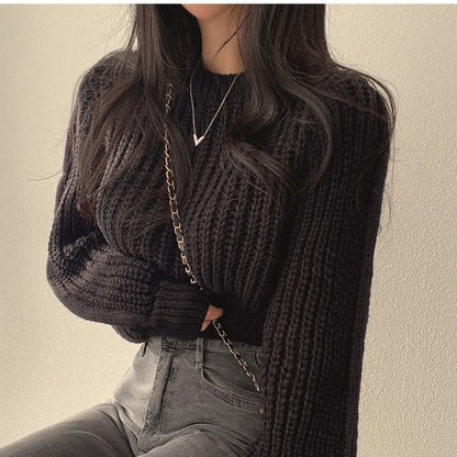 Cropped Crochet-Knit Sweater - Black / One Size