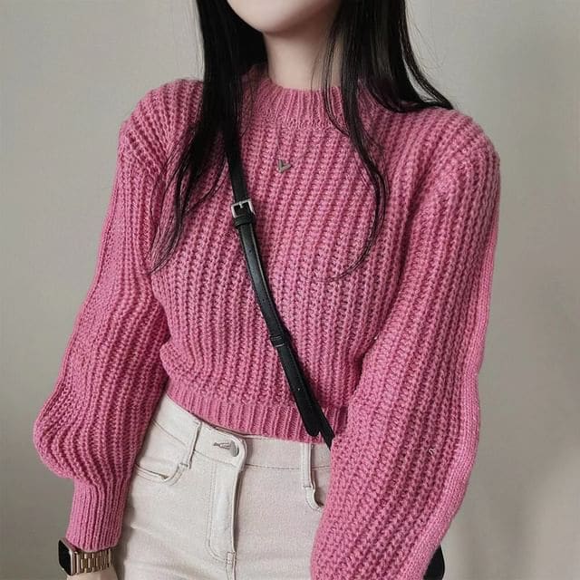 Cropped Crochet-Knit Sweater - Pink / One Size