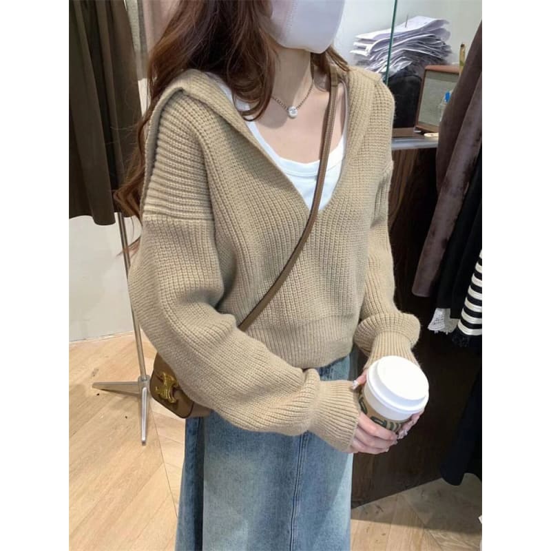 Cropped Sailor-Collar Loose Knit Sweater