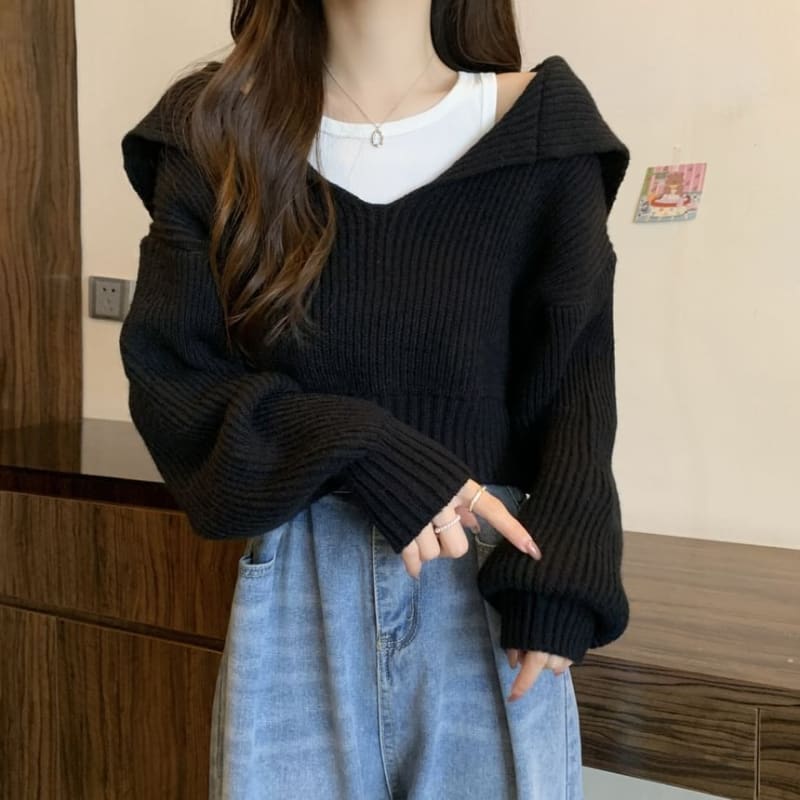 Cropped Sailor-Collar Loose Knit Sweater