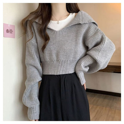 Cropped Sailor-Collar Loose Knit Sweater