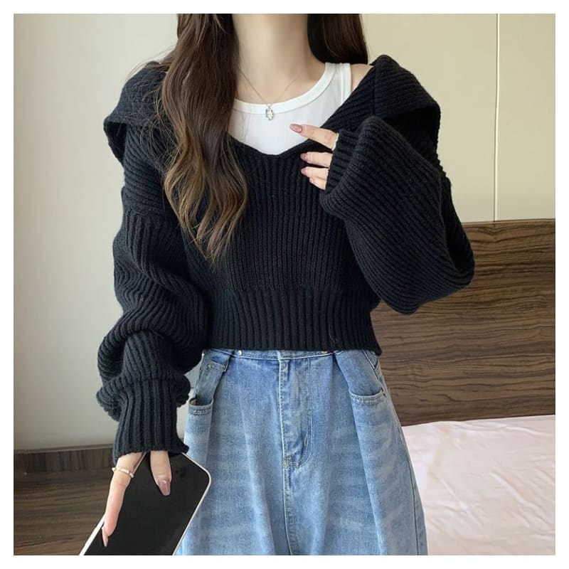 Cropped Sailor-Collar Loose Knit Sweater