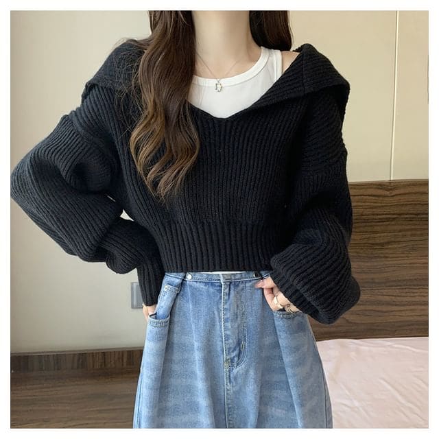 Cropped Sailor-Collar Loose Knit Sweater - Black / One Size