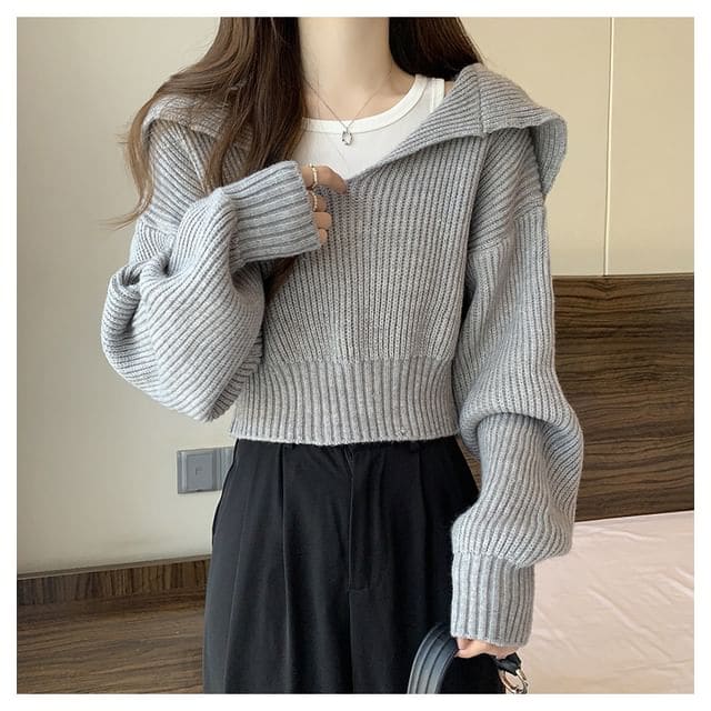 Cropped Sailor-Collar Loose Knit Sweater - Gray / One Size