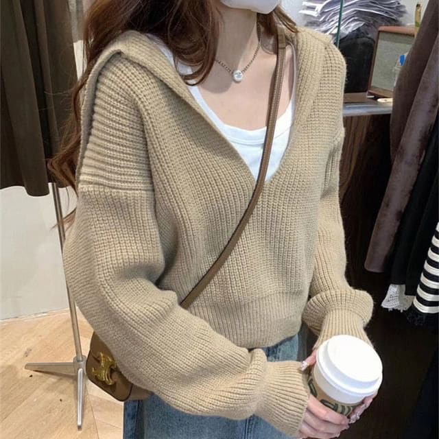 Cropped Sailor-Collar Loose Knit Sweater - Khaki / One Size