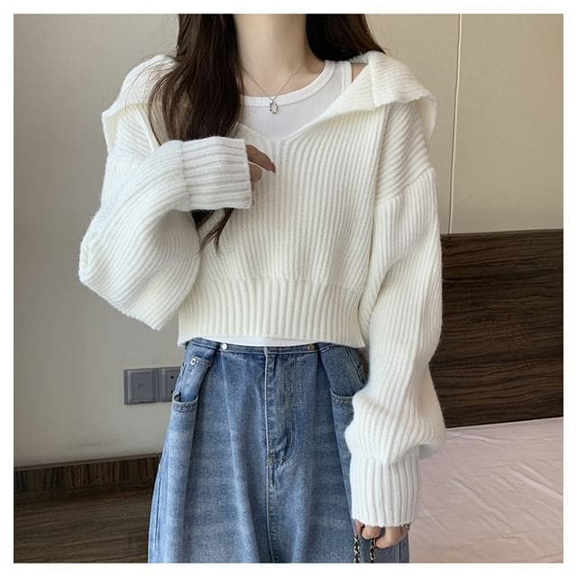 Cropped Sailor-Collar Loose Knit Sweater - White / One Size