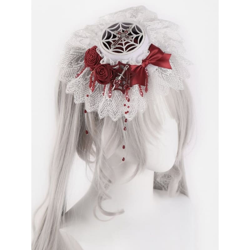 Cross and Sword White Lce Red Rosettes Bowknot Mini Hat