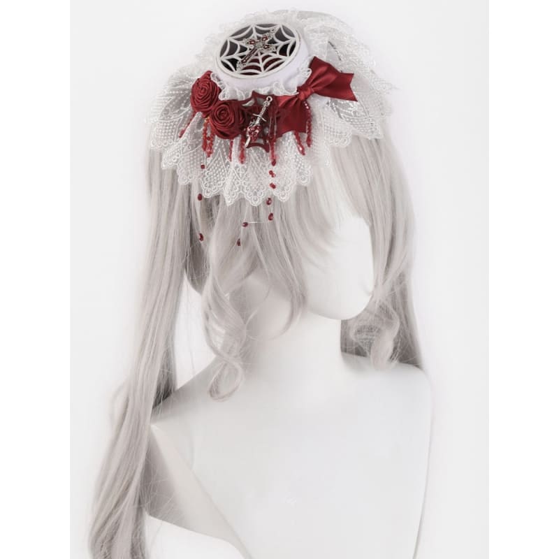 Cross and Sword White Lce Red Rosettes Bowknot Mini Hat