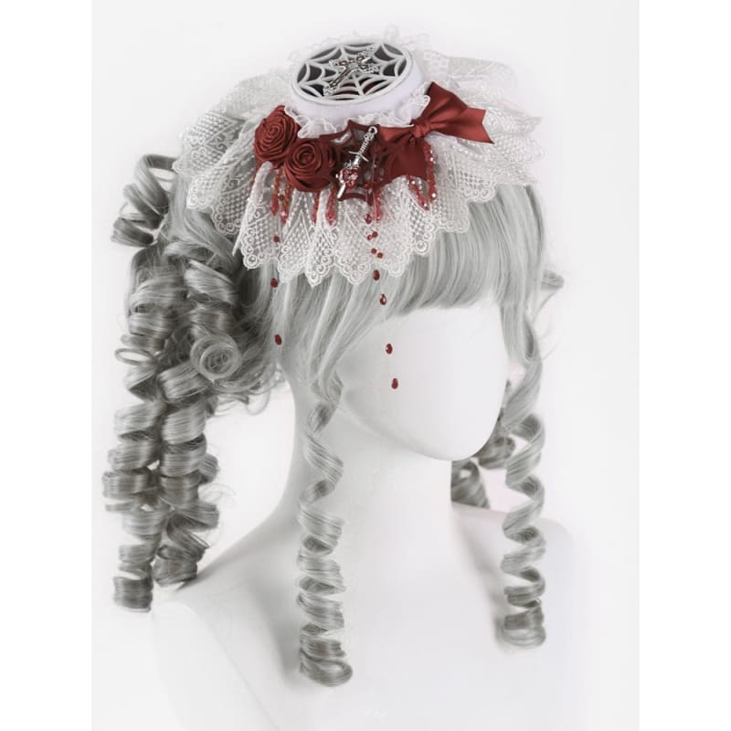 Cross and Sword White Lce Red Rosettes Bowknot Mini Hat