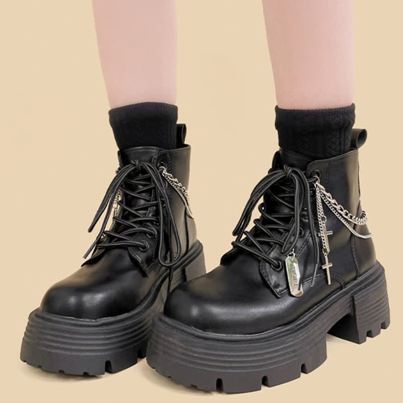 Cross Chain Decor Platform Round Toe Boots - Black / 35