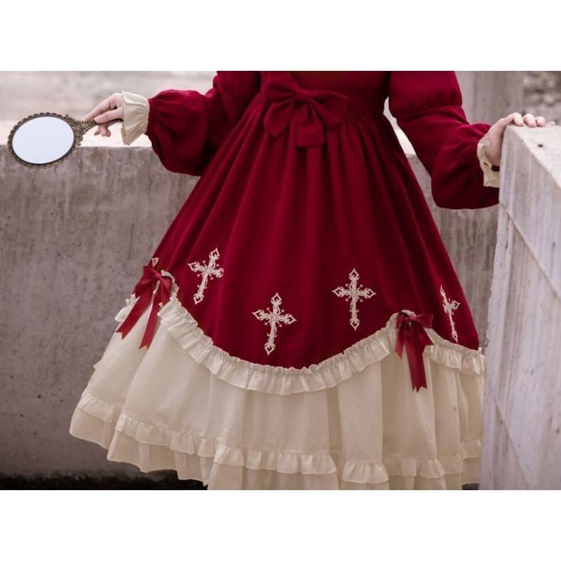 Cross Embroidered Long-Sleeve Lolita Dress