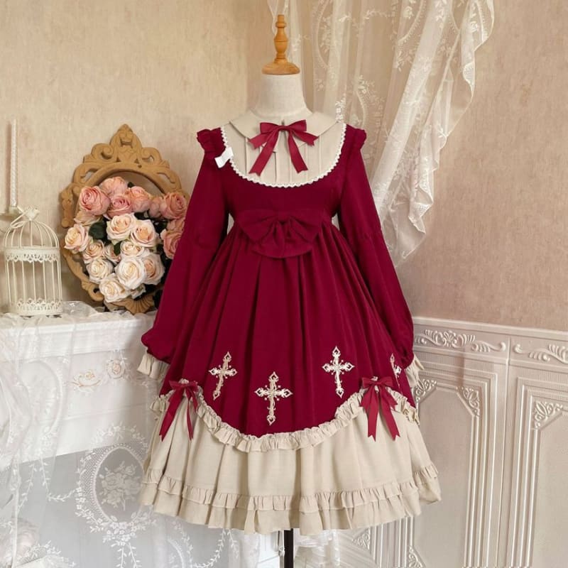 Cross Embroidered Long-Sleeve Lolita Dress