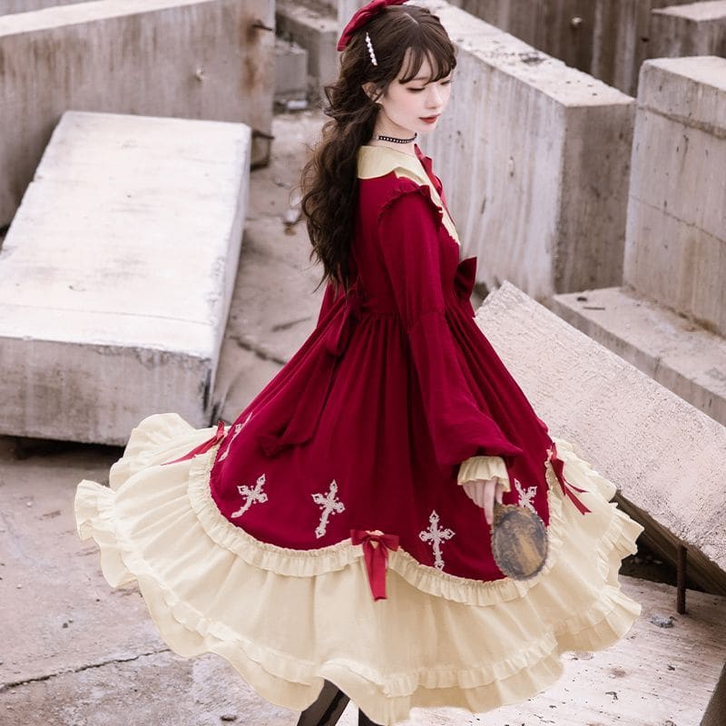 Cross Embroidered Long-Sleeve Lolita Dress