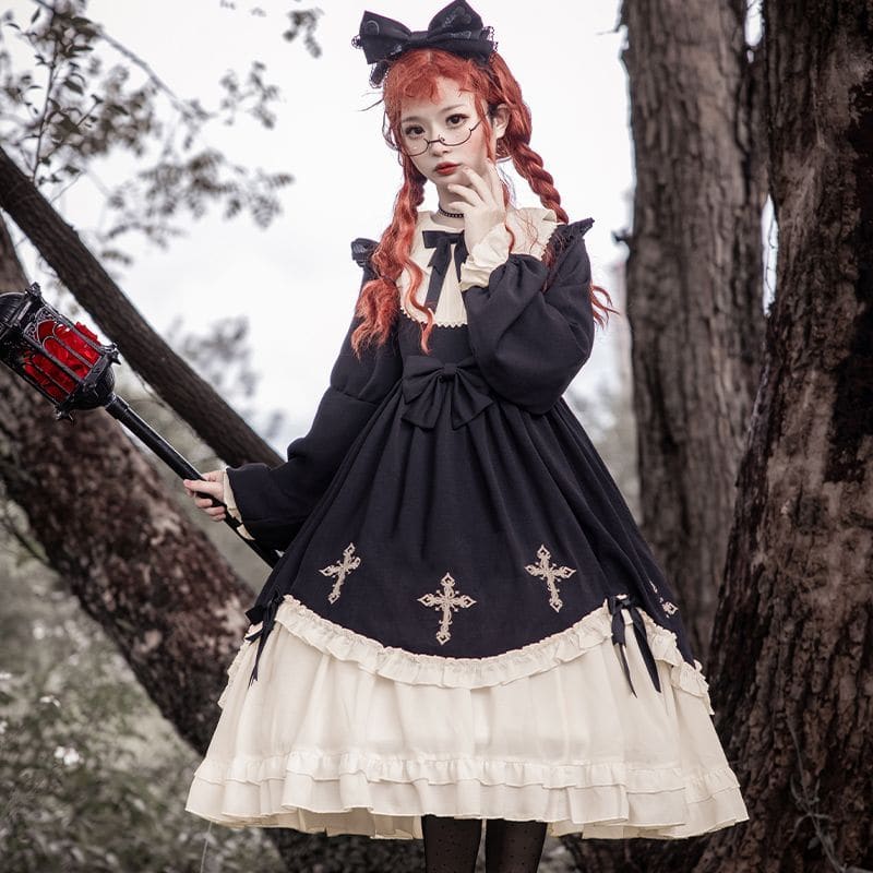 Cross Embroidered Long-Sleeve Lolita Dress