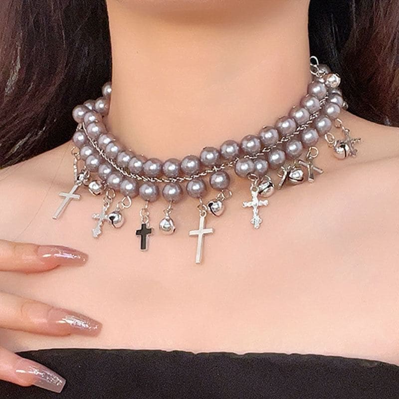 Cross Faux Pearl Choker / Layered Faux Pearl Choker