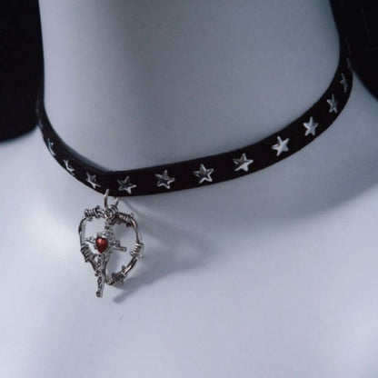 Cross Heart Pendant Black Stars Choker - Black / Free Size