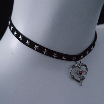 Cross Heart Pendant Black Stars Choker - Black / Free Size