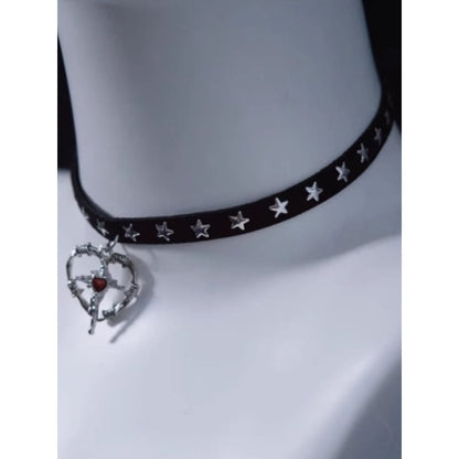 Cross Heart Pendant Black Stars Choker - Black / Free Size