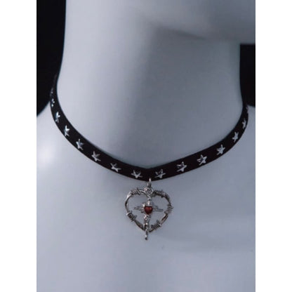 Cross Heart Pendant Black Stars Choker - Black / Free Size