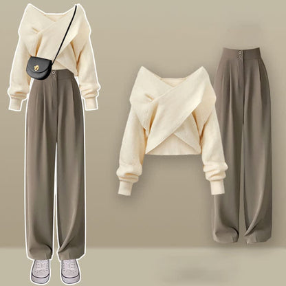 Cross Knit Sweater Casual Pants Set - Set / M