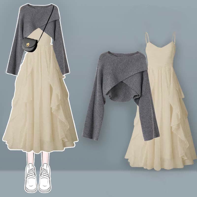 Cross Knit Sweater Flouncing Slip Dress Set - Gray Set / M