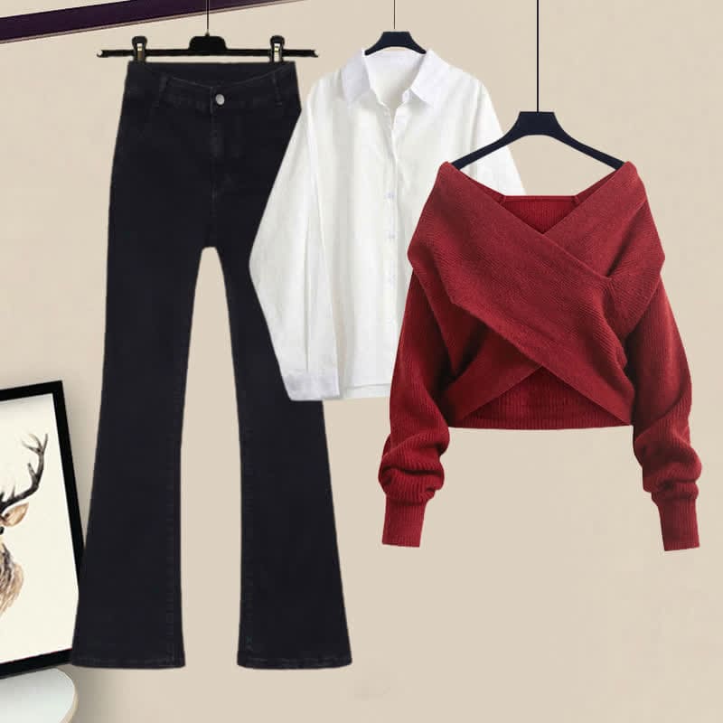 Cross Knit Sweater Lapel Shirt Flared Jeans Set